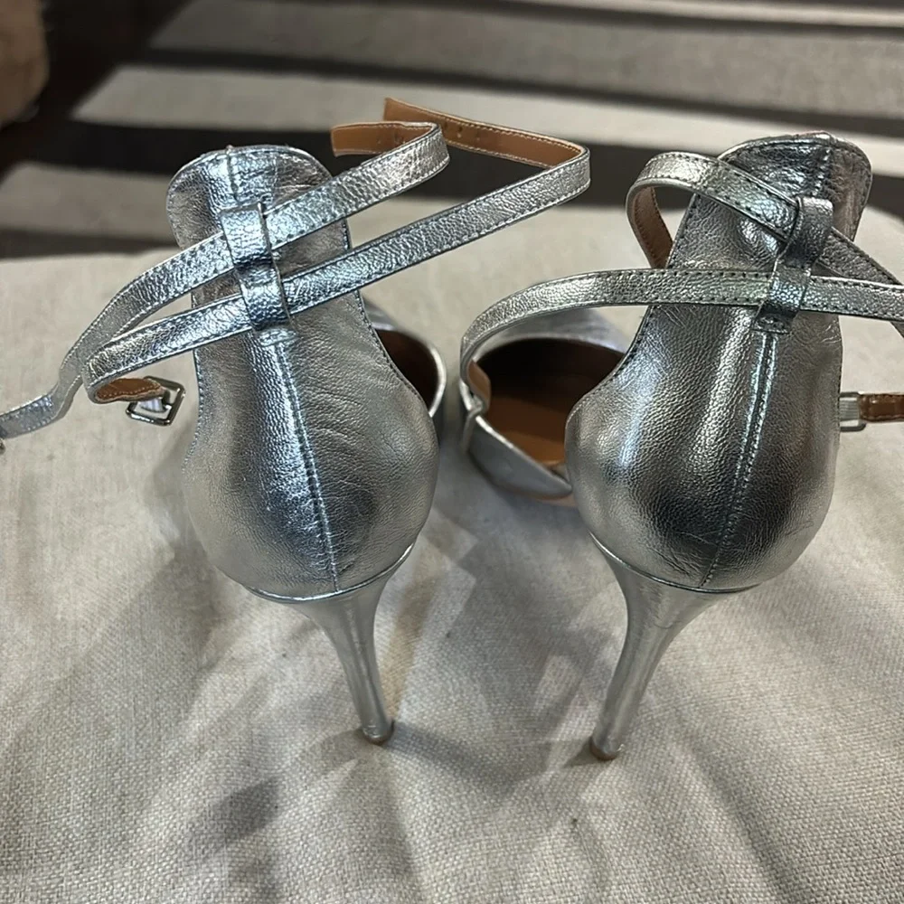 H by Halston “London” Silver Leather High Heel Ankle Strap Pump Sz 8 #12
